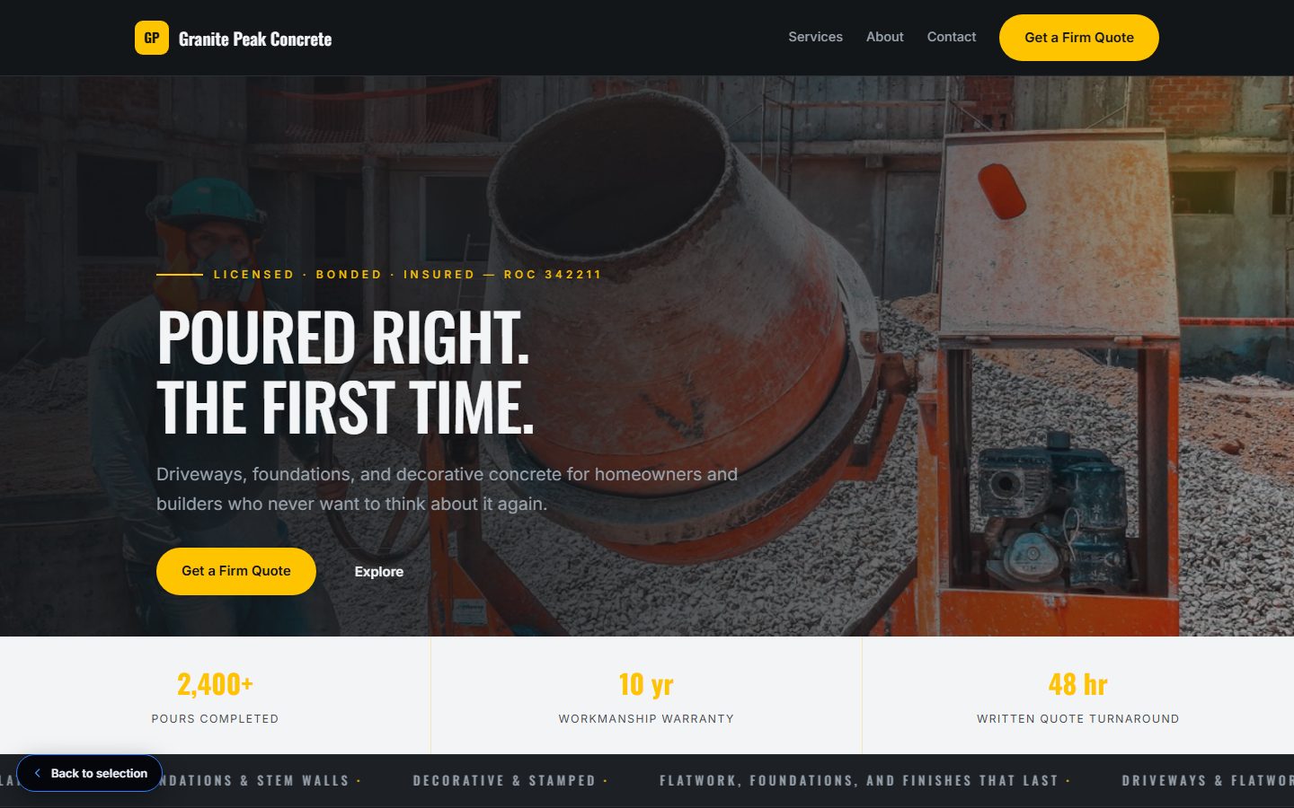 Granite Peak Concrete website